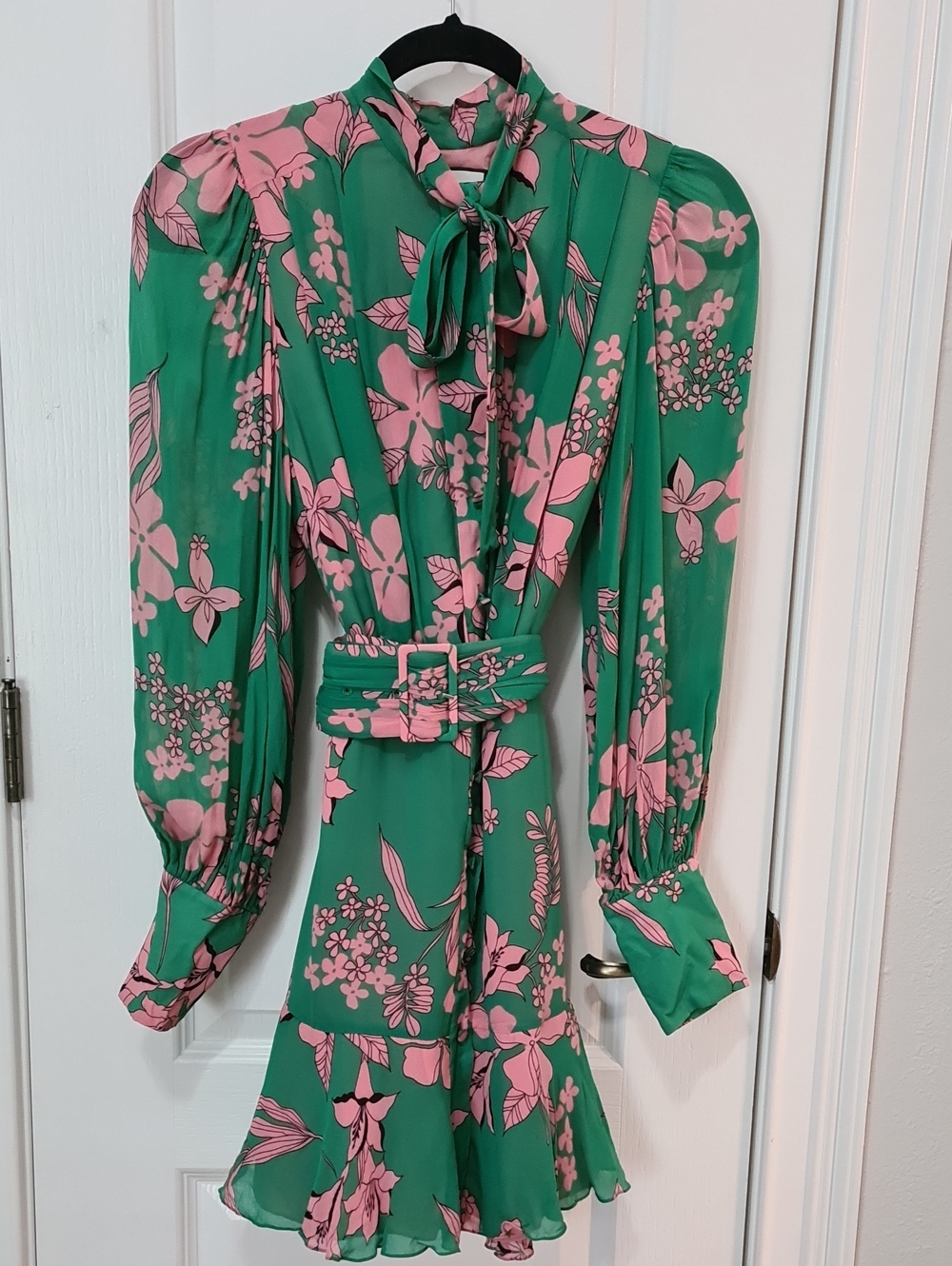 Alexis - Tisdale Dress - Green and Pink Floral Tie-Neck Long Sleeve Belted